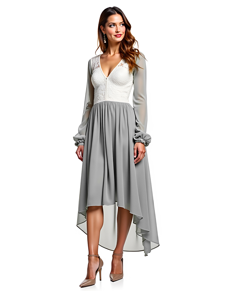 Silver Ivory V Neck Chiffon A Line High-Low Formal Dress
