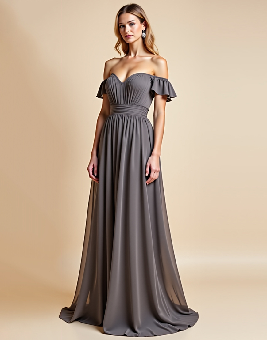 Off the Shoulder Steel Grey A Line Chiffon Long Formal Dress