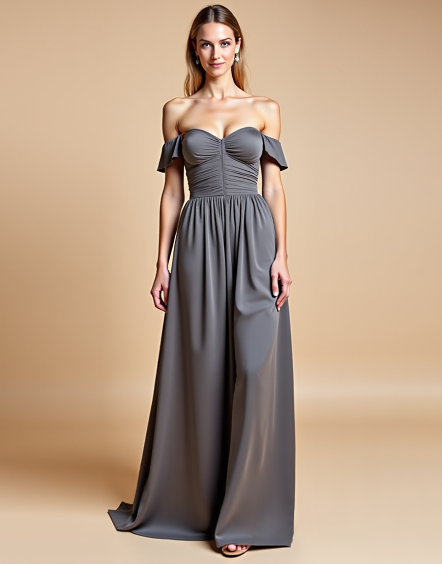 Steel Grey Off the Shoulder A Line Ruched Long Formal Dress