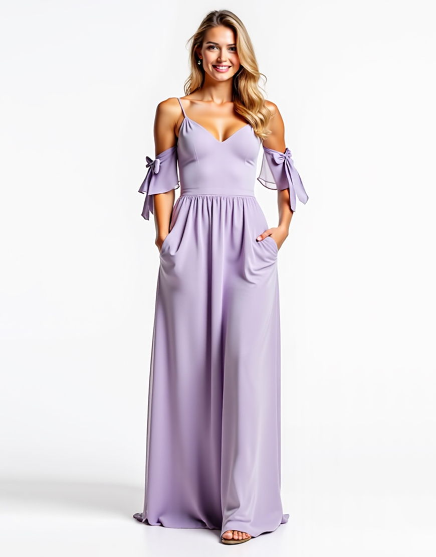 Lilac A Line Cold Shoulder Long Formal Dress with Pockets