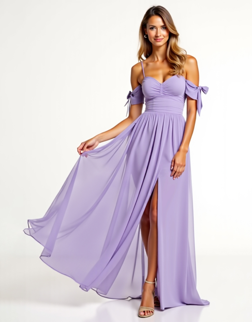 A Line Lilac Cold Shoulder Chiffon Long Formal Dress with Slit