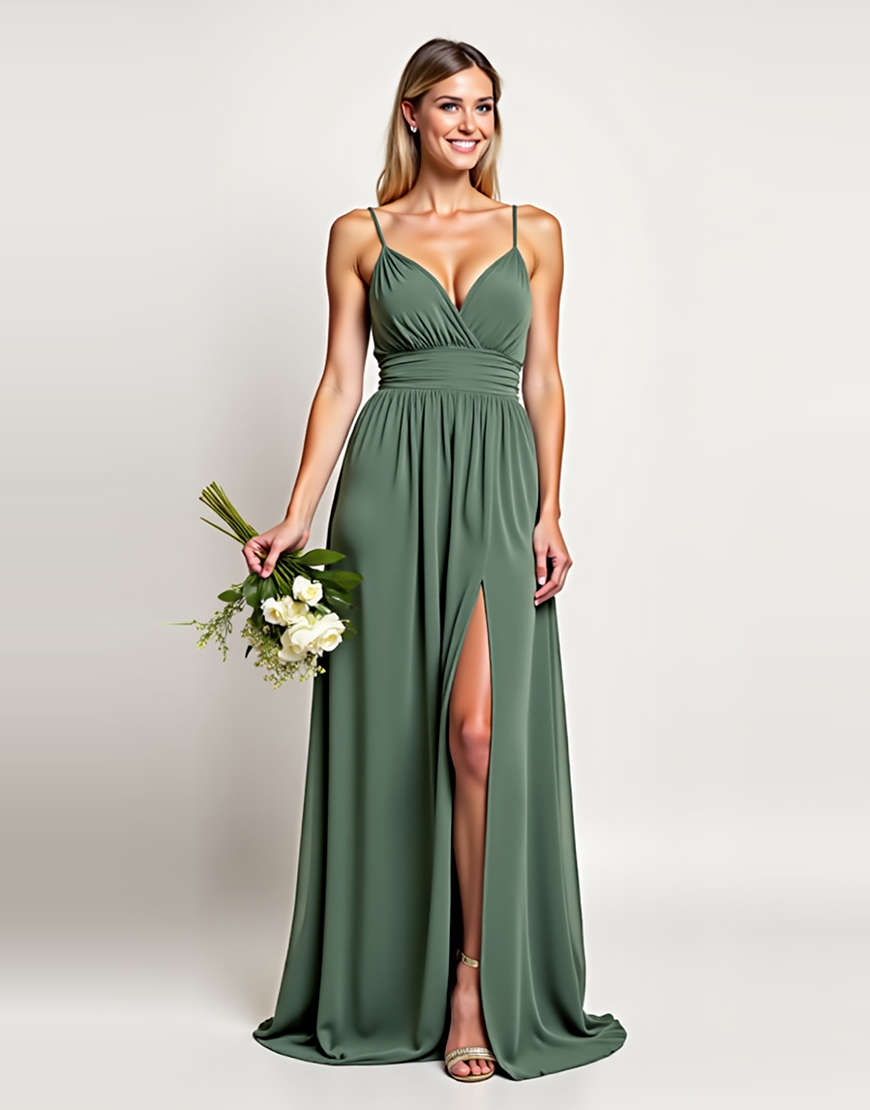 Eucalyptus A Line Spaghetti Straps Chiffon Long Formal Dress with Slit