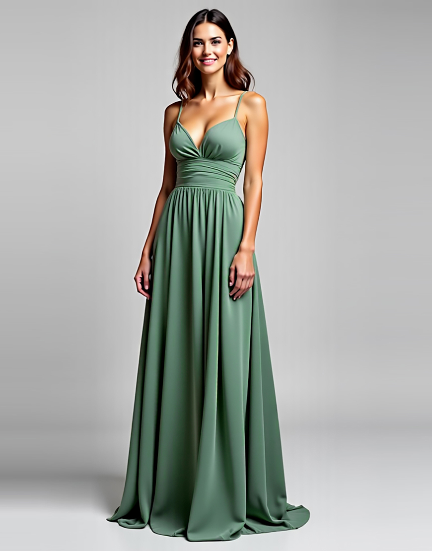 A Line Eucalyptus Spaghetti Straps Ruched Long Formal Dress