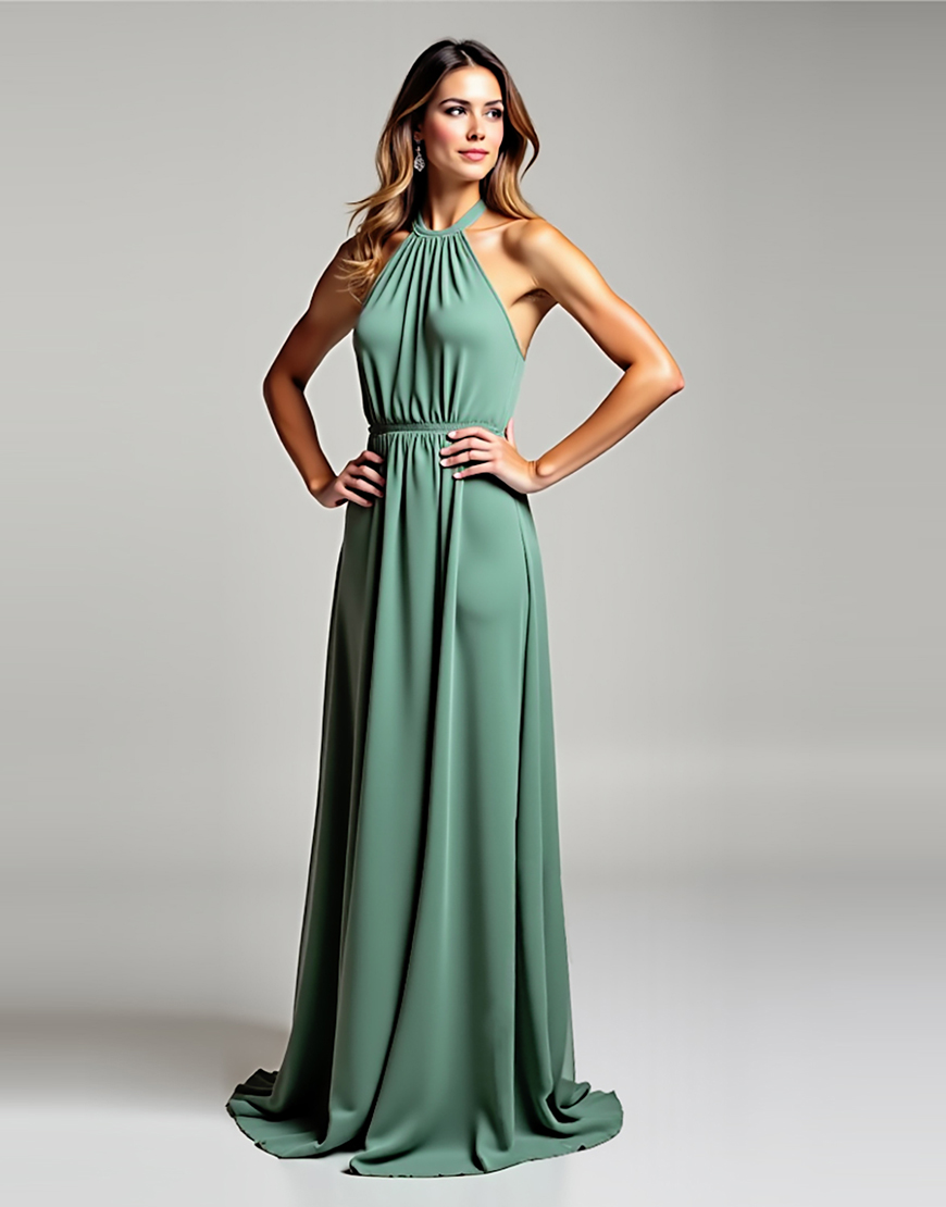 Eucalyptus A Line Halter Satin Long Formal Dress