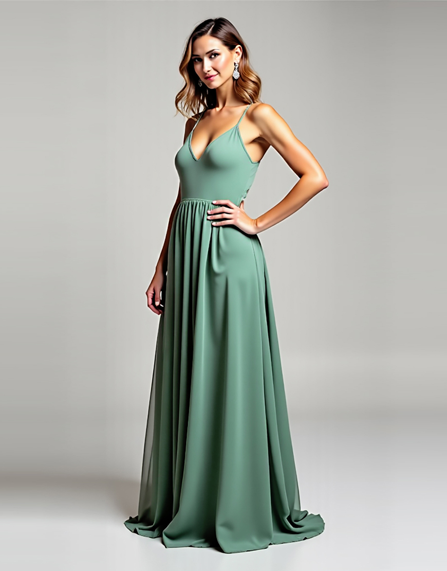 Eucalyptus V-Neck A Line Chiffon Long Formal Dress