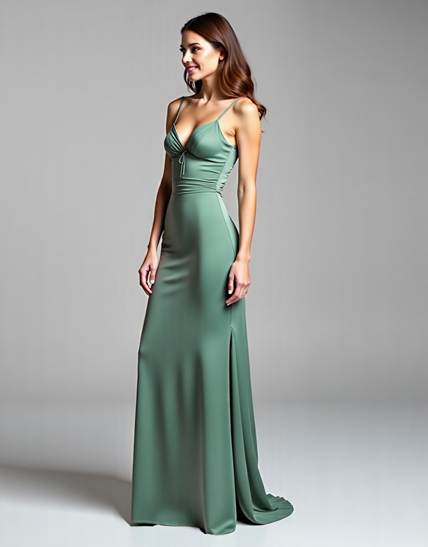 Eucalyptus Spaghetti Straps Satin Long Formal Dress