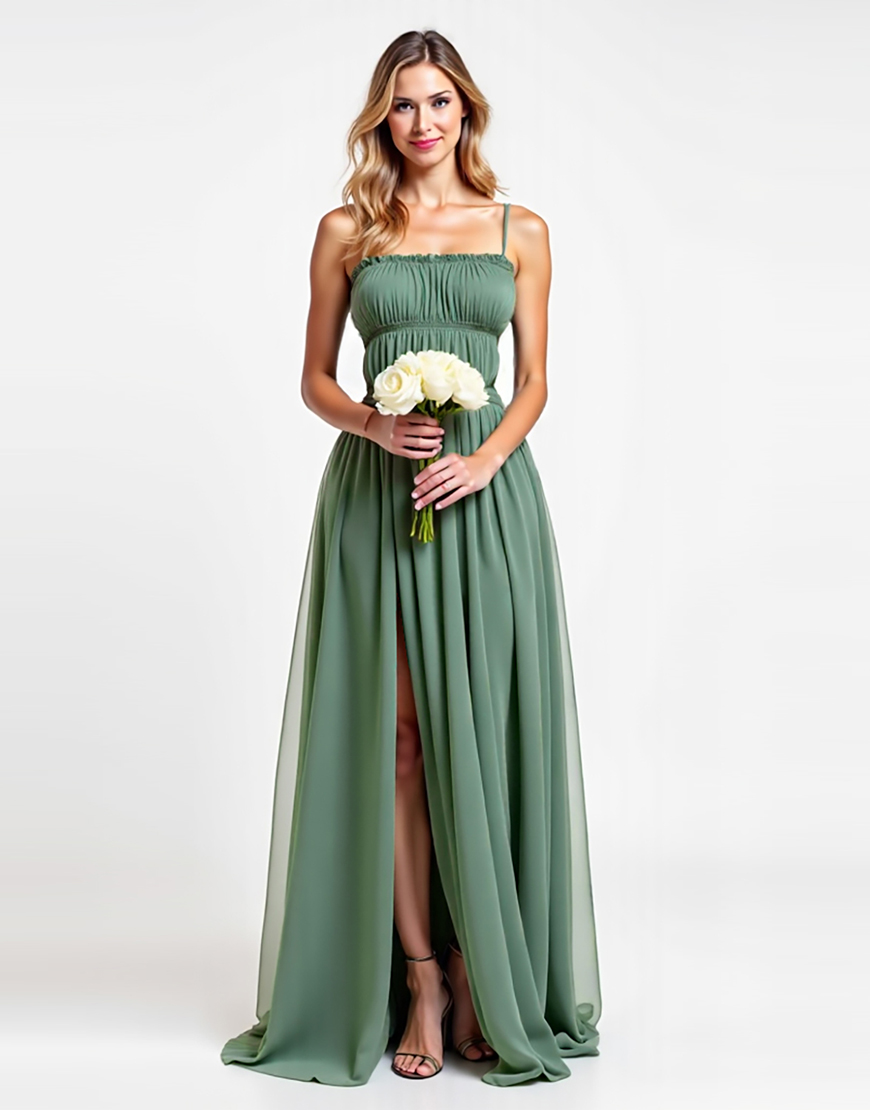 Spaghetti Straps Eucalyptus A Line Long Formal Dress with Slit
