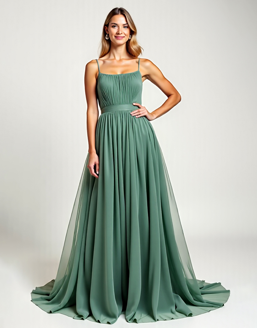 Eucalyptus A Line Spaghetti Straps Chiffon Long Formal Dress