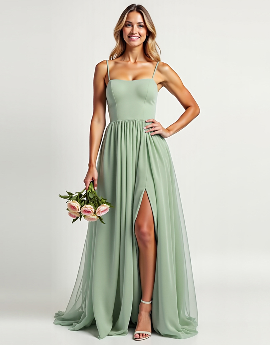 Dusty Sage Spaghetti Straps A Line Long Formal Dress with Slit