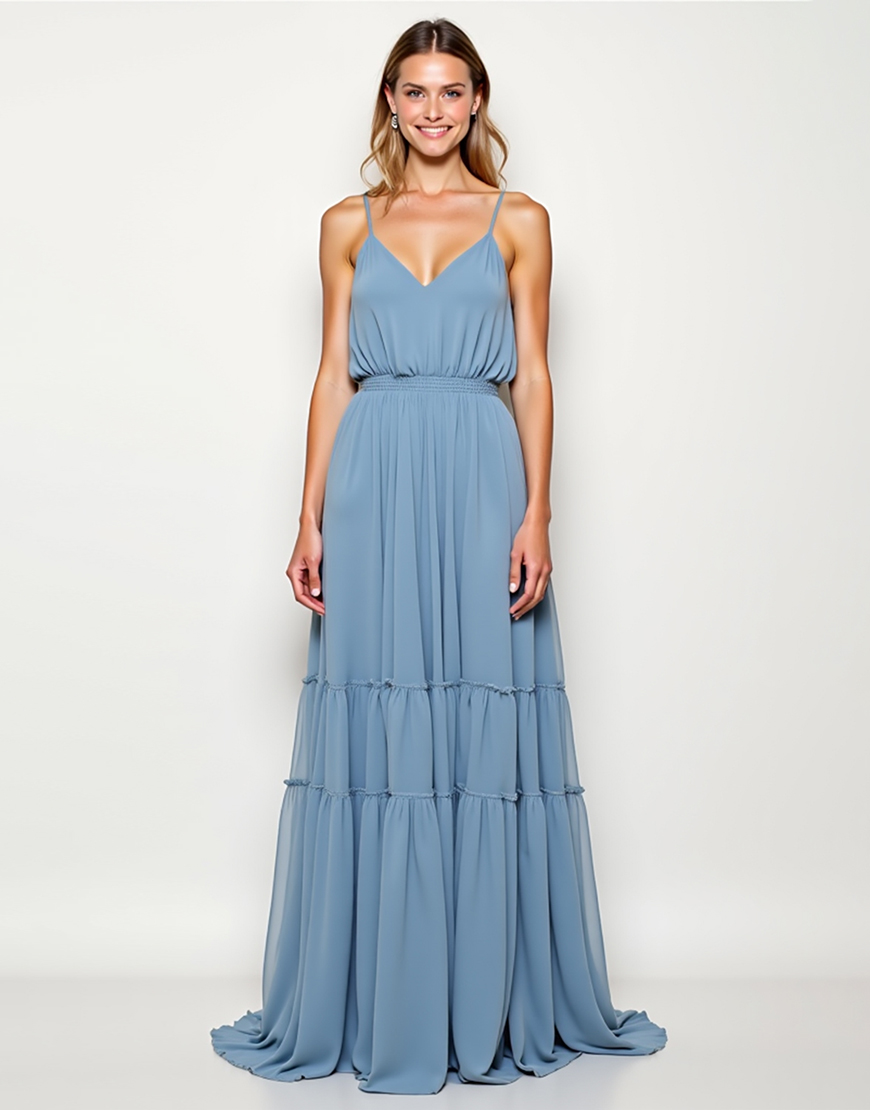 Dusty Blue Spaghetti Straps A Line Chiffon Backless Long Formal Dress