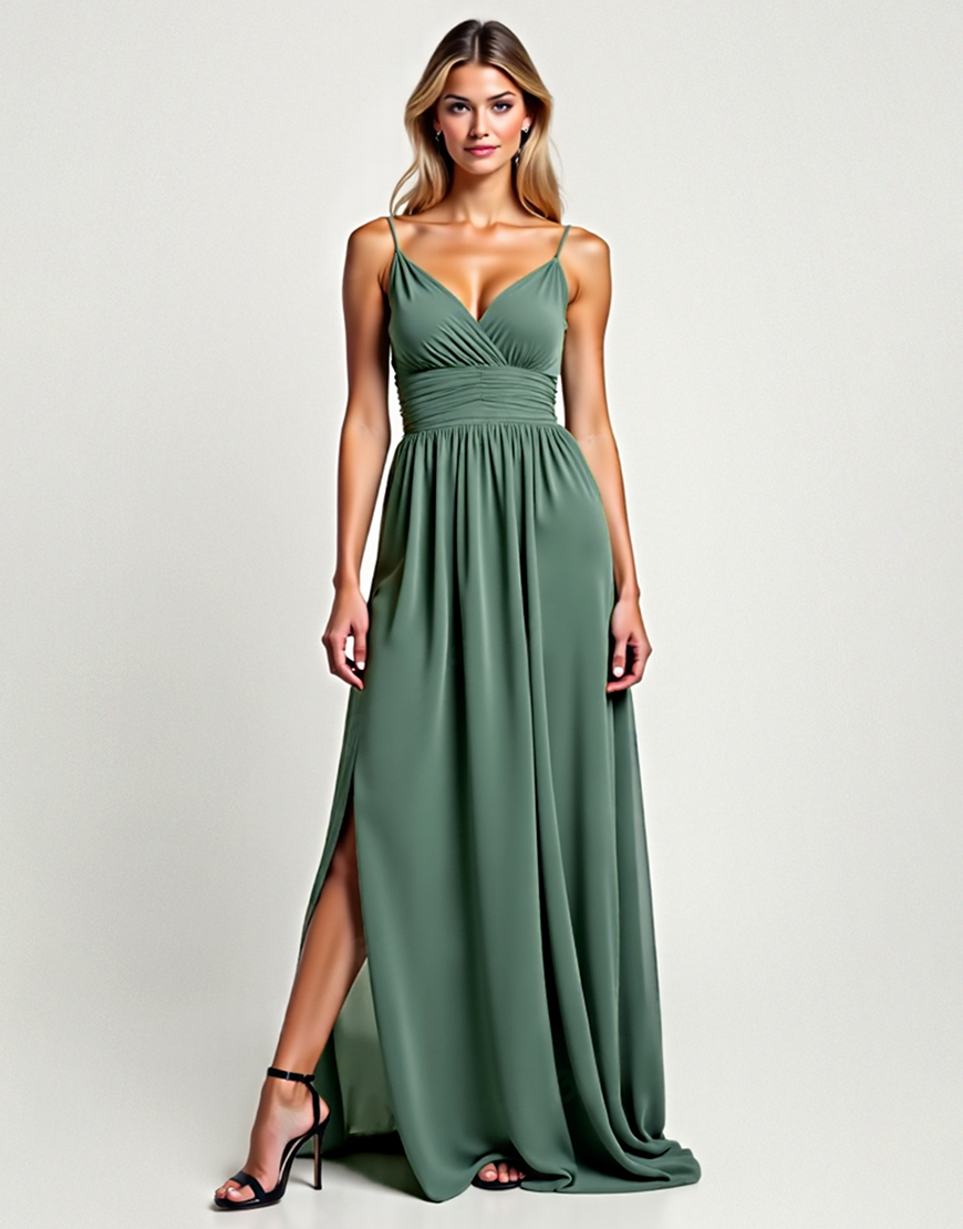 A Line Eucalyptus Spaghetti Straps Chiffon Long Formal Dress with Slit