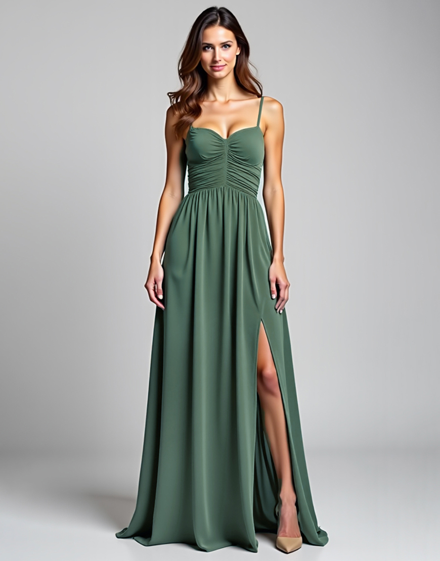 Eucalyptus Spaghetti Straps A Line Ruched Long Formal Dress with Slit