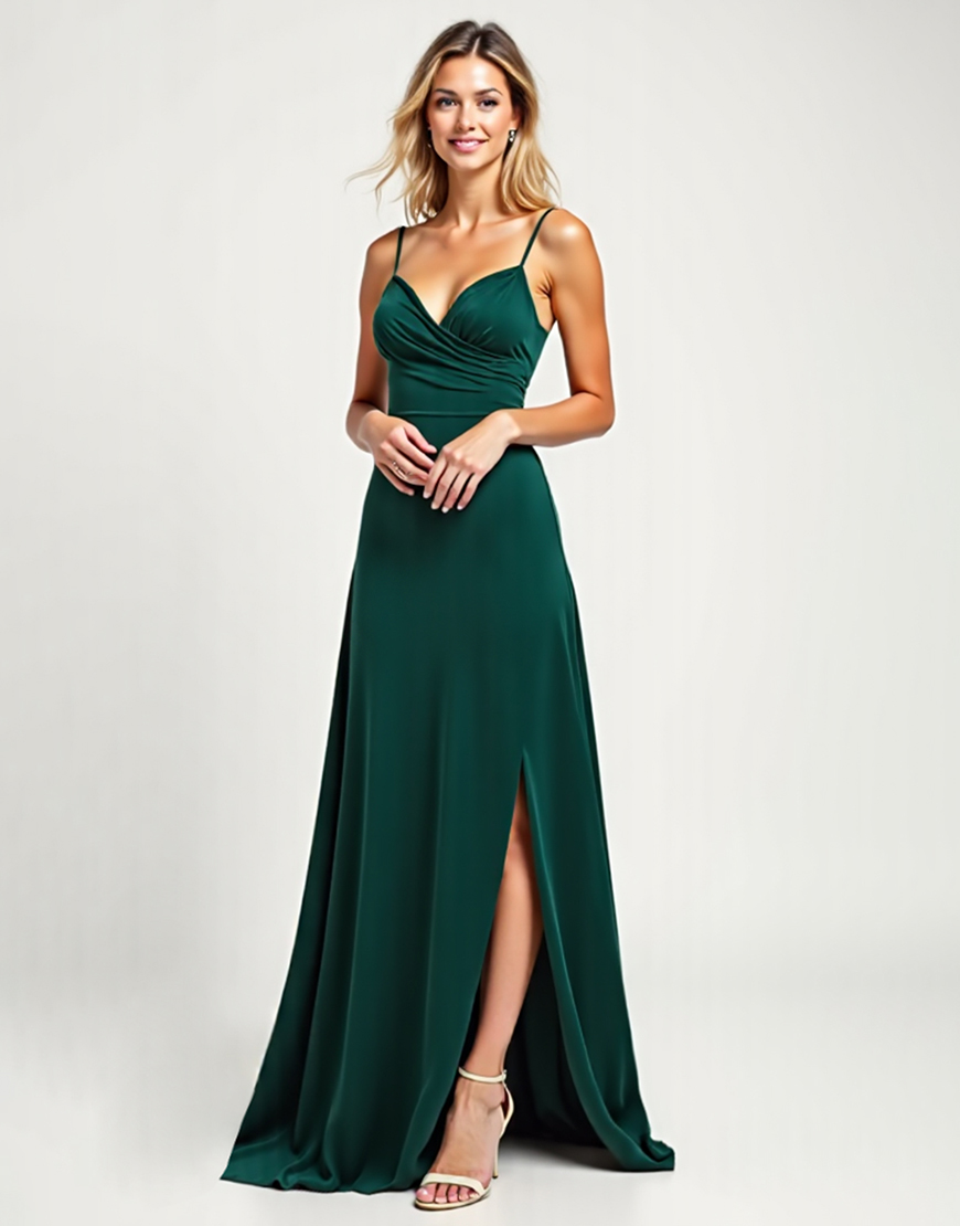 Pine Spaghetti Straps Satin Long Formal Dress with Slit