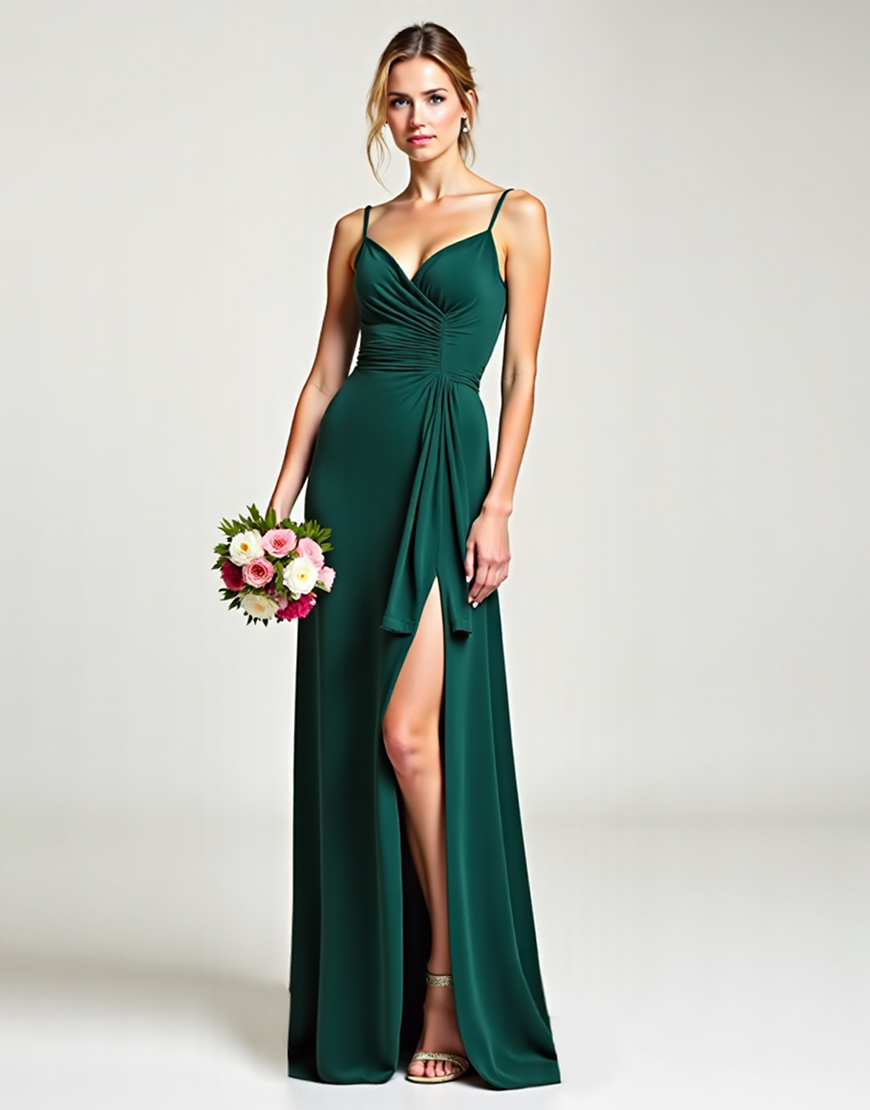 Spaghetti Straps Pine Long Ruffled Formal Dress with Slit