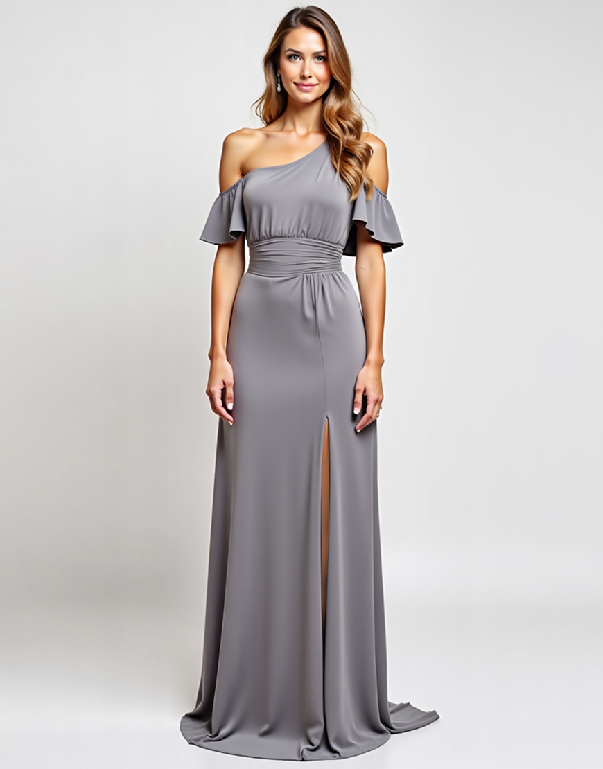 Grey One Shoulder Sheath Ruffled Long Formal Dress with Slit