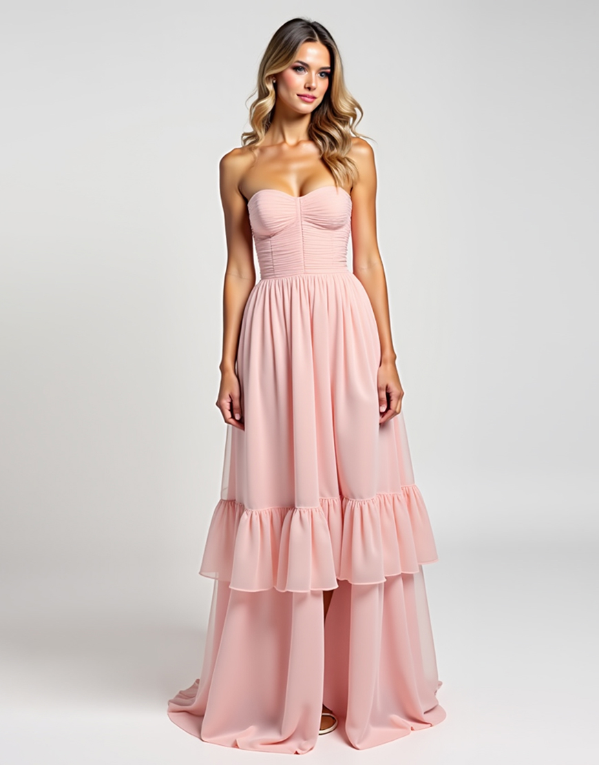 Blush Pink A Line Strapless Ruffled Long Formal Dress