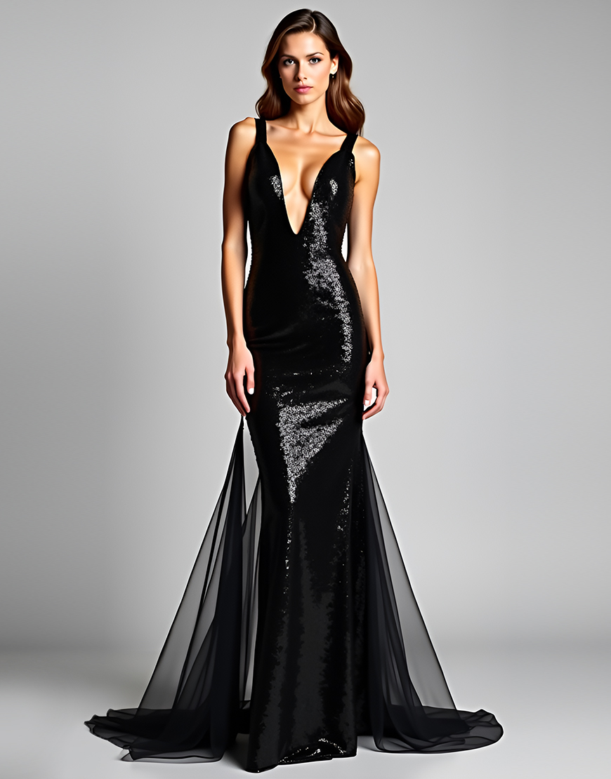 Sparkly Mermaid Deep V-Neck Sequins Long Black Tie Party Dress