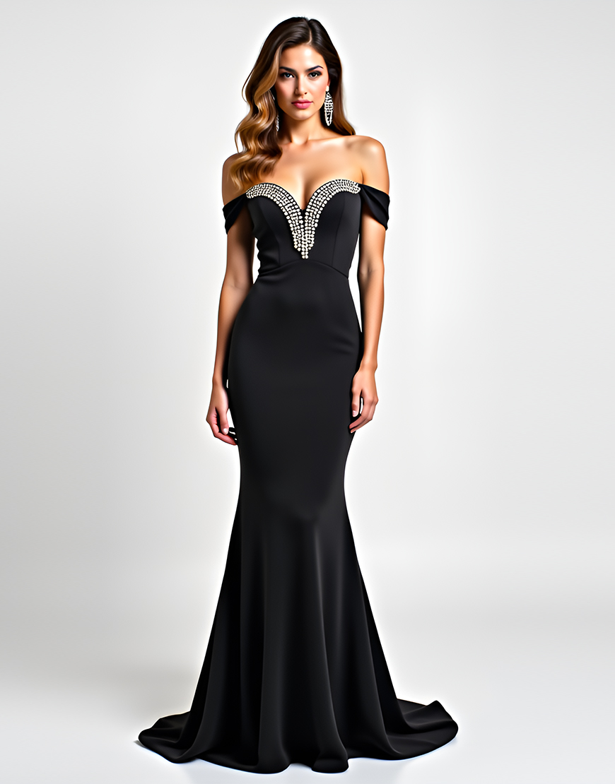 Black Mermaid Off the Shoulder Cut-Out Long Formal Dress with Beading