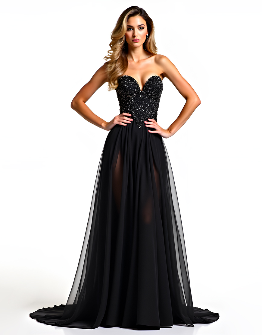 Black A Line Long Tulle Strapless Formal Dress with Beading