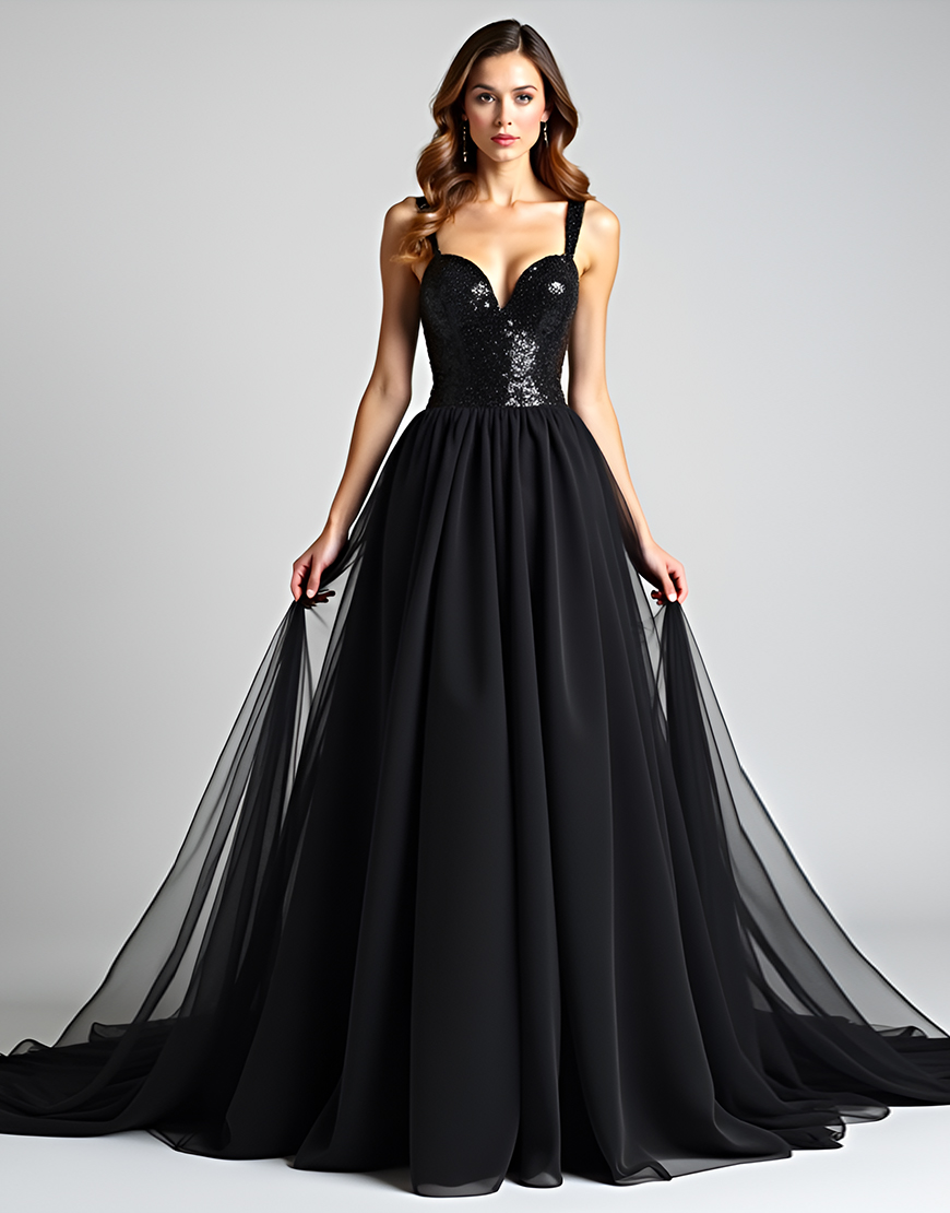 Black A Line Long Tulle Formal Dress with Sequins