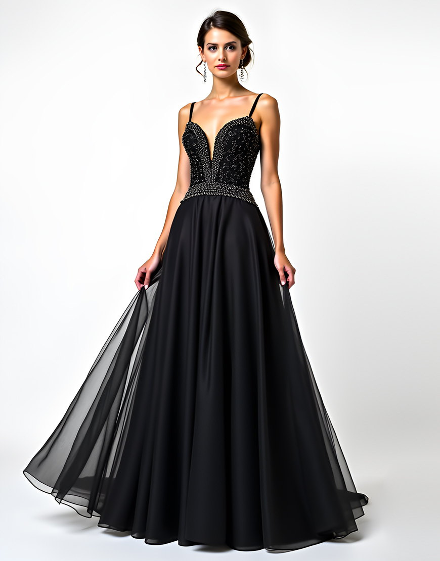 Sparkly Black A Line Long Beaded Tulle Spaghetti Straps Formal Dress