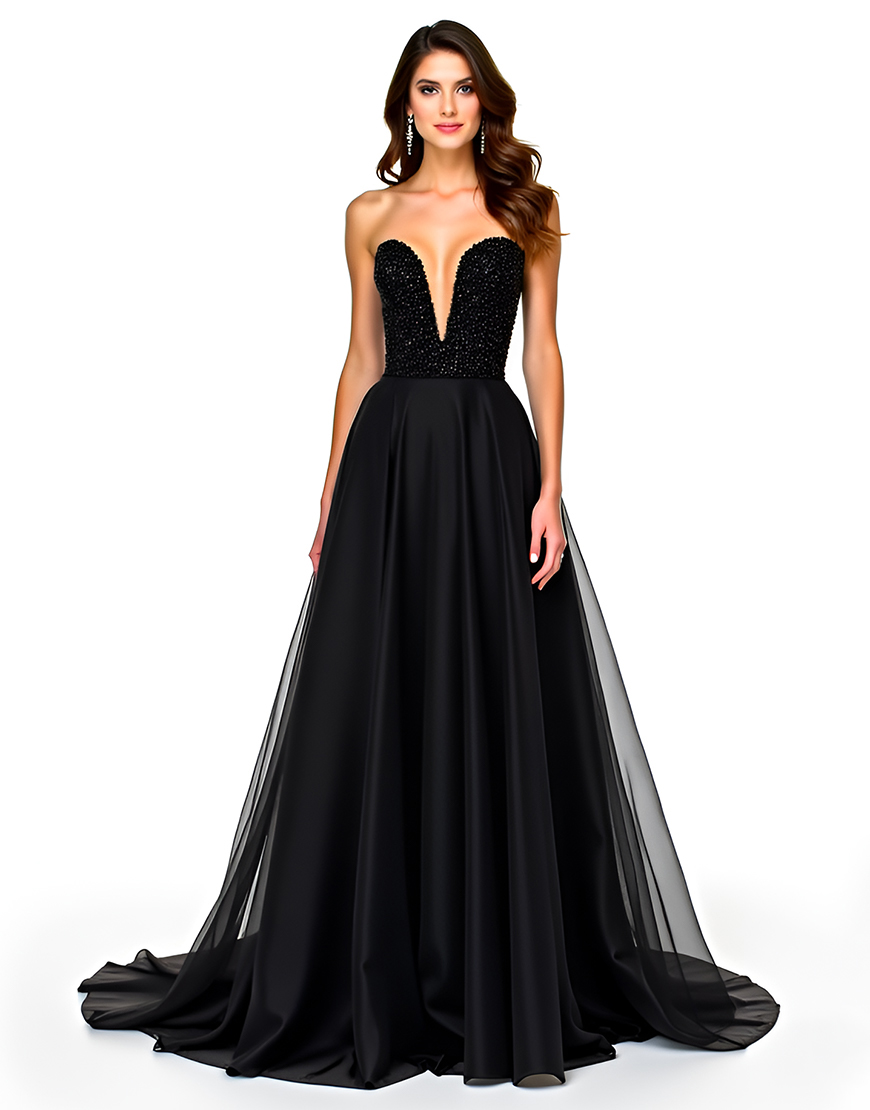Black A-Line Strapless Tulle Long Formal Dress with Beading