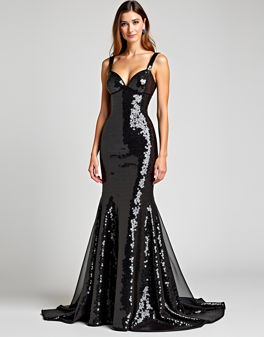 Sparkly Mermaid Sequins Long Black Formal Dress