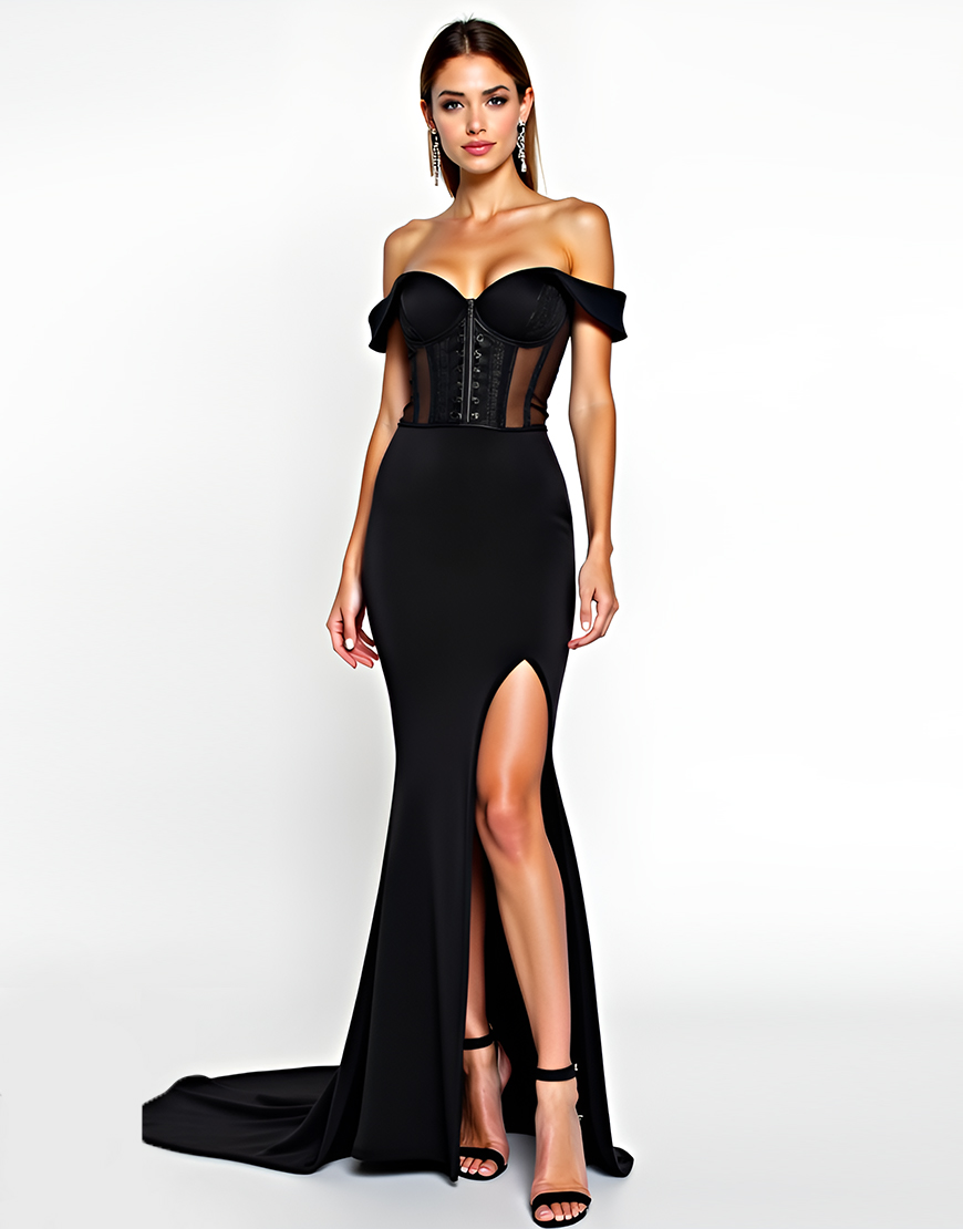 Black Mermaid Corset Off the Shoulder Long Formal Dress with Slit