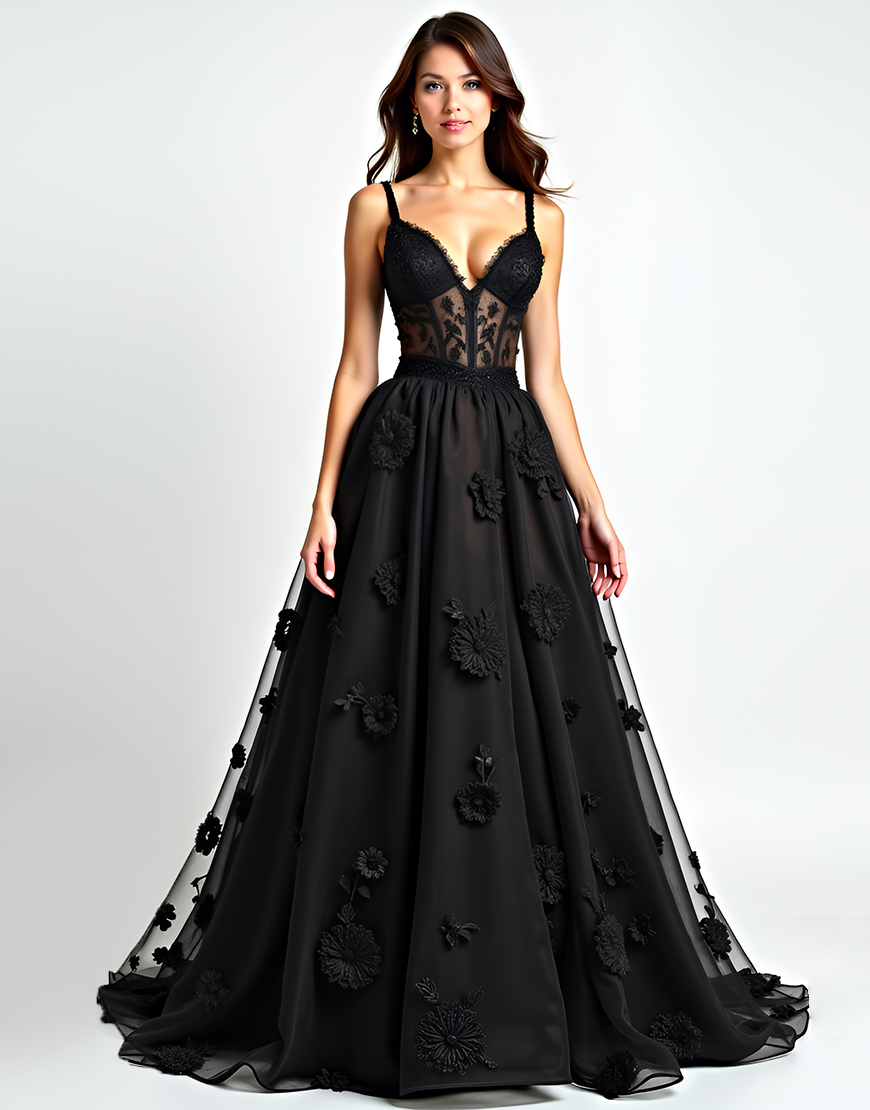Black A Line Spaghetti Straps Corset Tulle Long Graduation Dress with Appliques