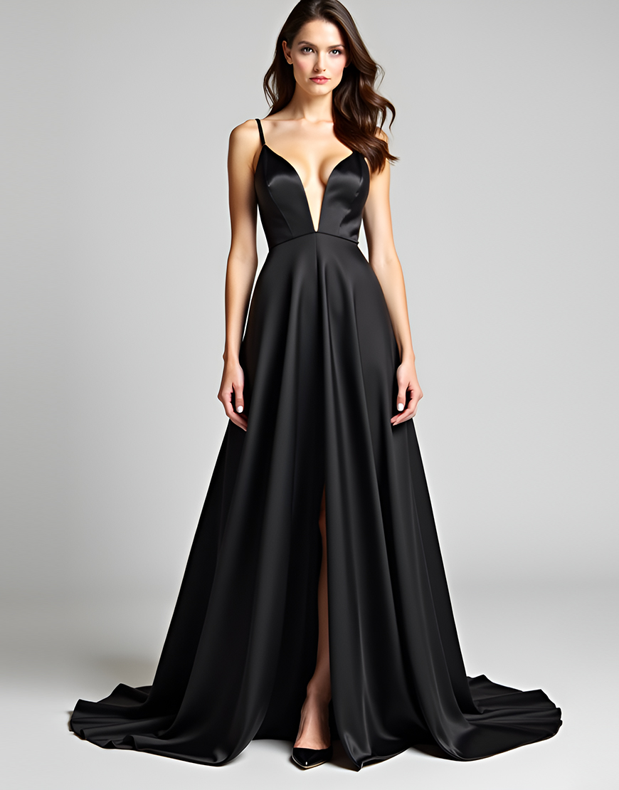 Black A Line Spaghetti Straps Satin Long Graduation Dress with Slit