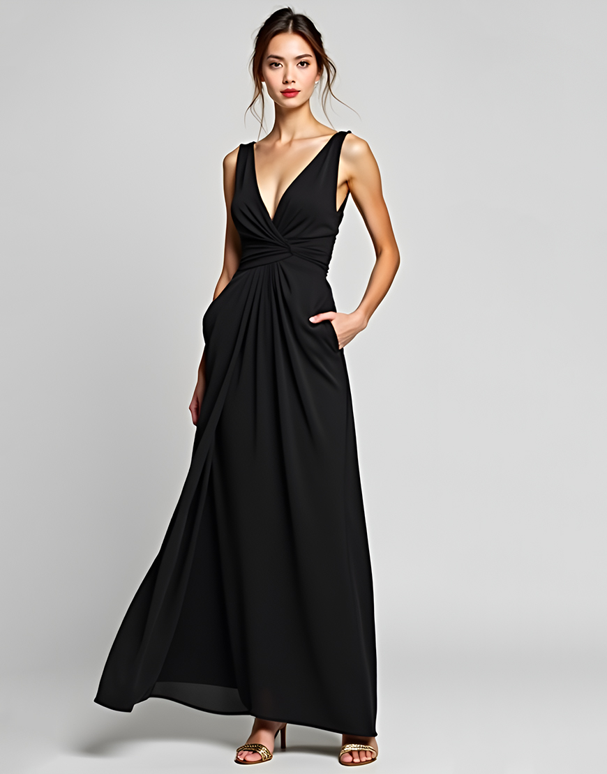 Black A Line Deep V-Neck Long Chiffon Ruched Graduation Dress