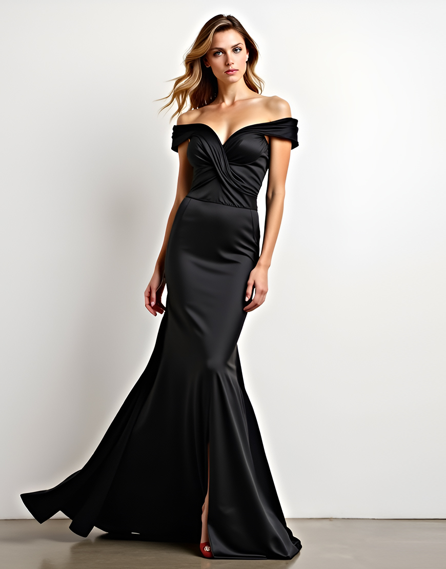 Black Mermaid Off the Shoulder Ruched Long Graduation Dress with Slit