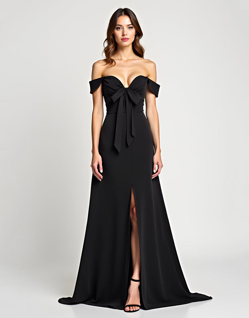 Black Sheath Bow Off the Shoulder Long Graduation Dress with Slit