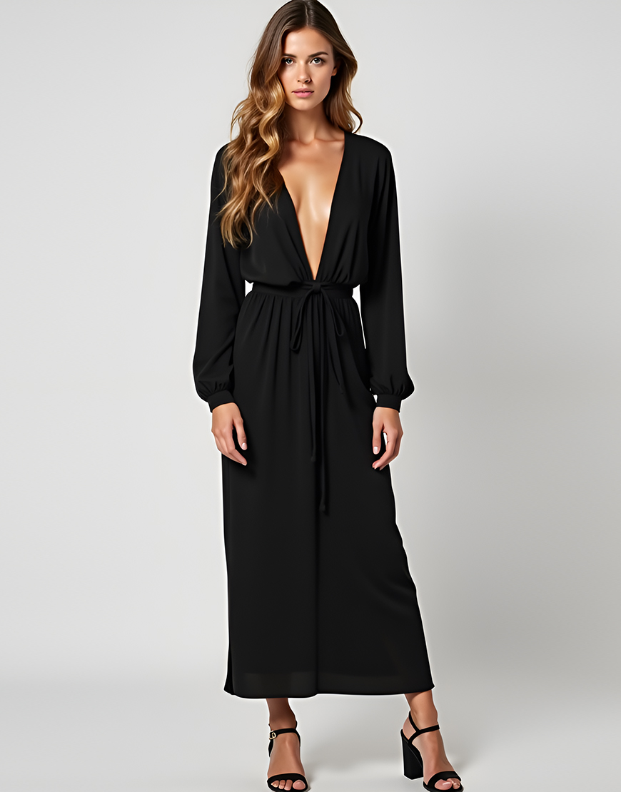 Black Deep V-Neck Graduation Dress with Long Sleeves