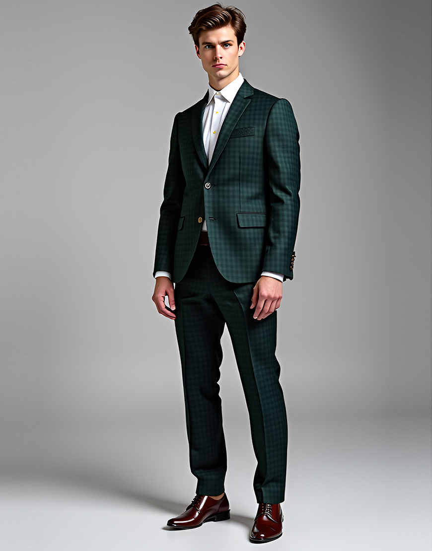 Dark Green Notch Lapel Plaid 2 Pieces Men's Prom Suits