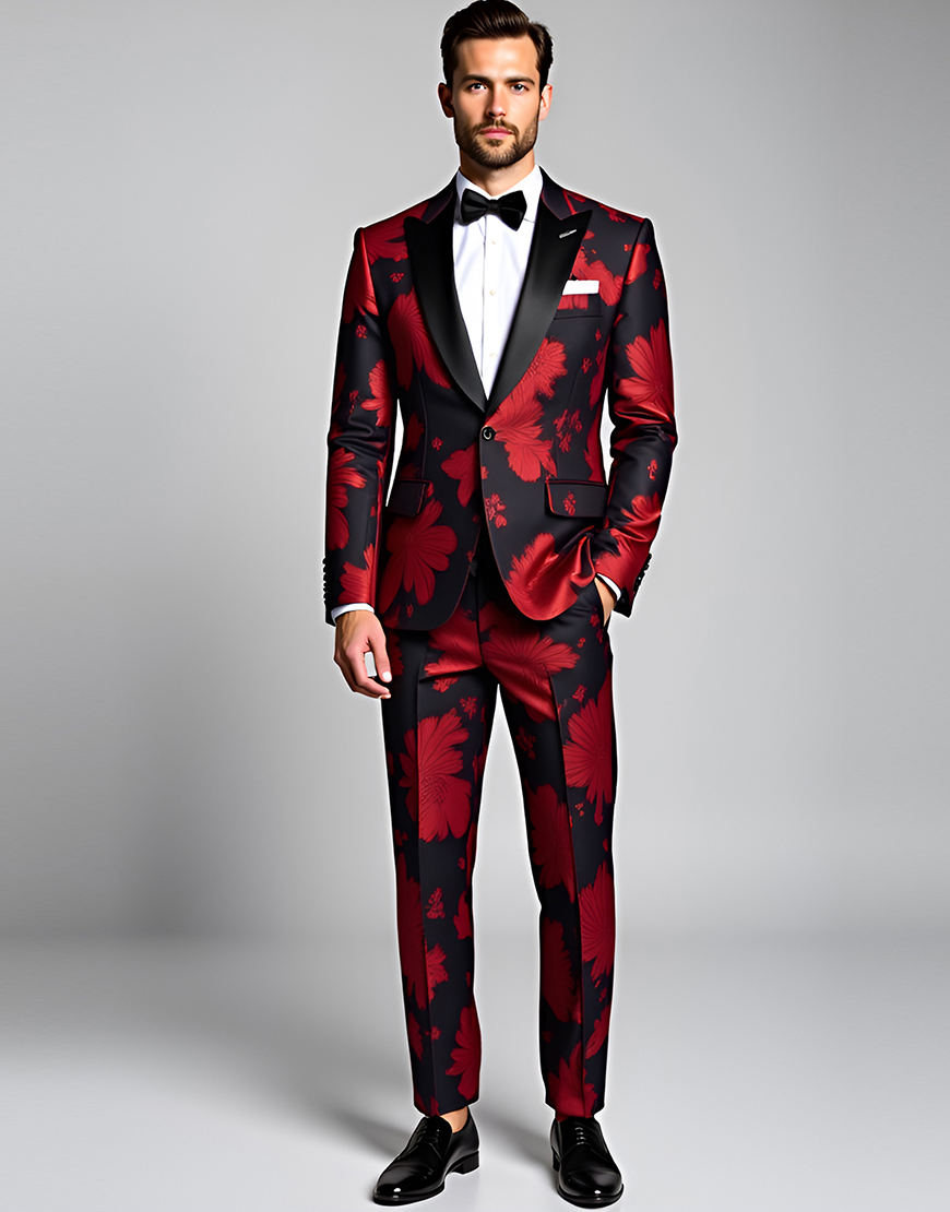 Dark Red Flower Peak Lapel 2 Pieces Men's Prom Suits
