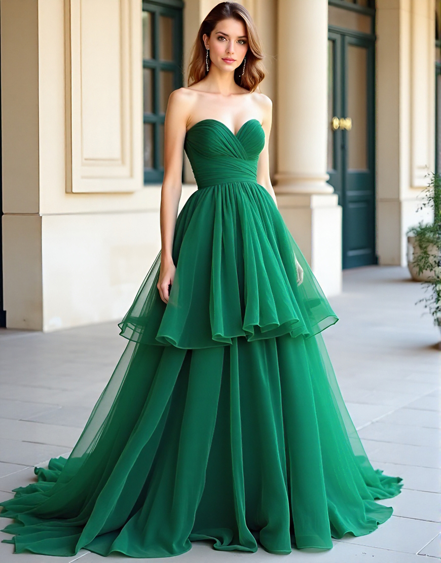 Green A-Line Sweetheart Organza Long Ruched Prom Dress