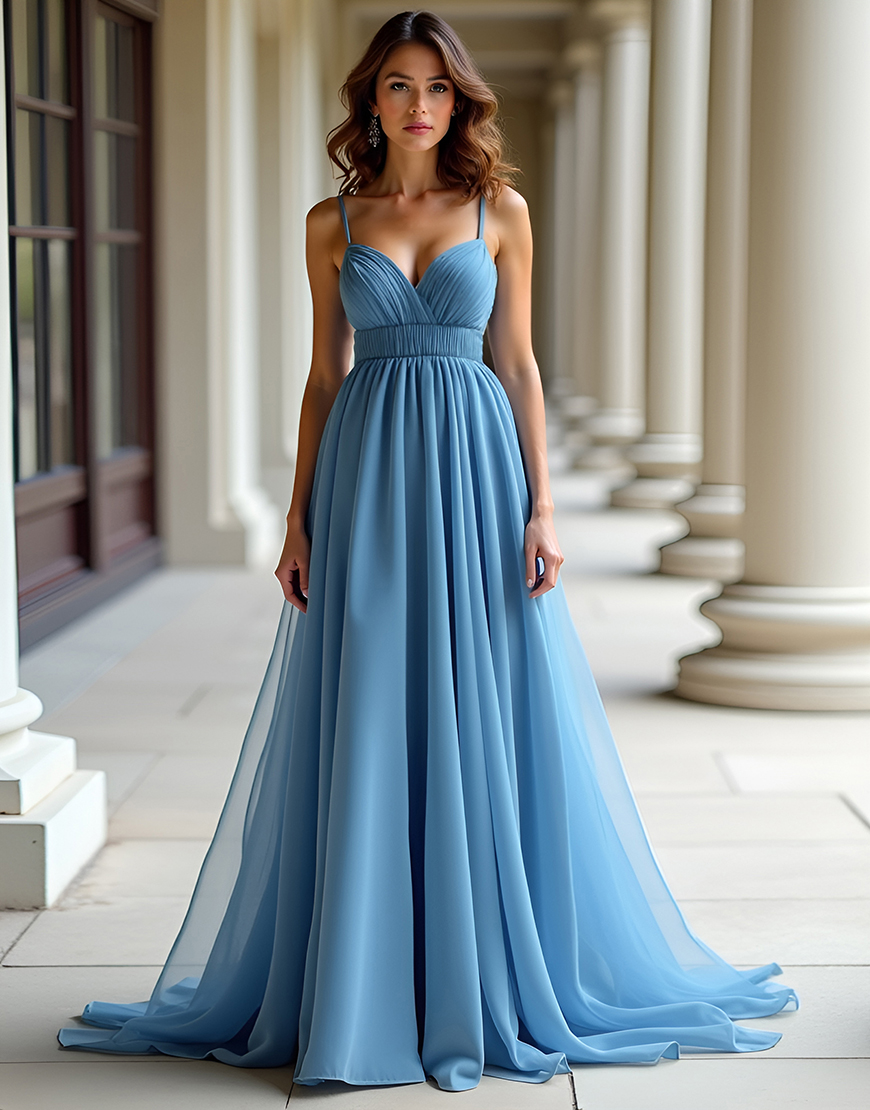 Blue A-Line Spaghetti Straps Organza Long Ruched Prom Dress