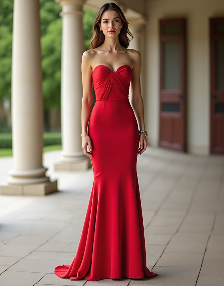 Red Sheath Sweetheart Ruched Long Satin Prom Dress