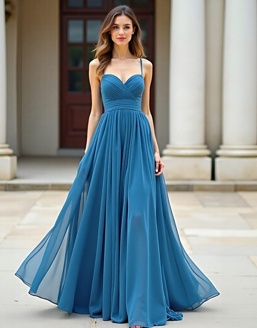 Blue A-Line Spaghetti Straps Ruched Long Tulle Prom Dress 