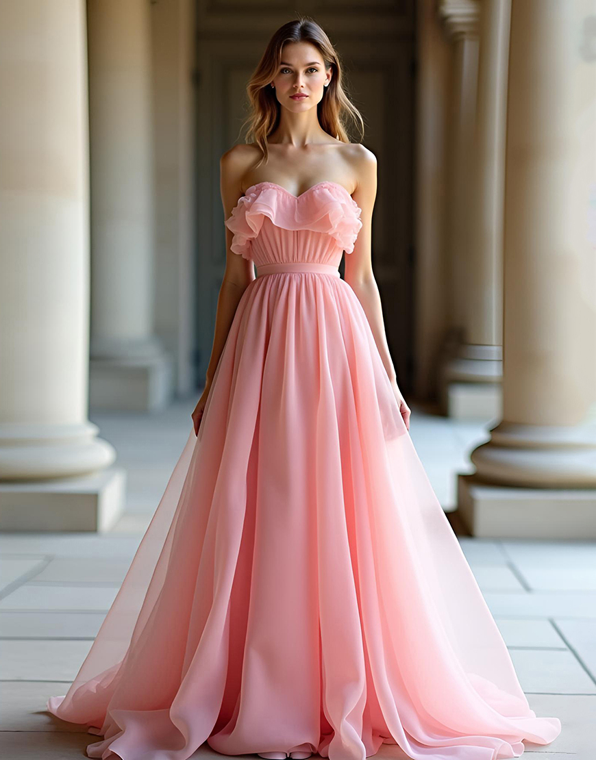 A-Line Pink Strapless Long Tulle Prom Dress With Ruffles