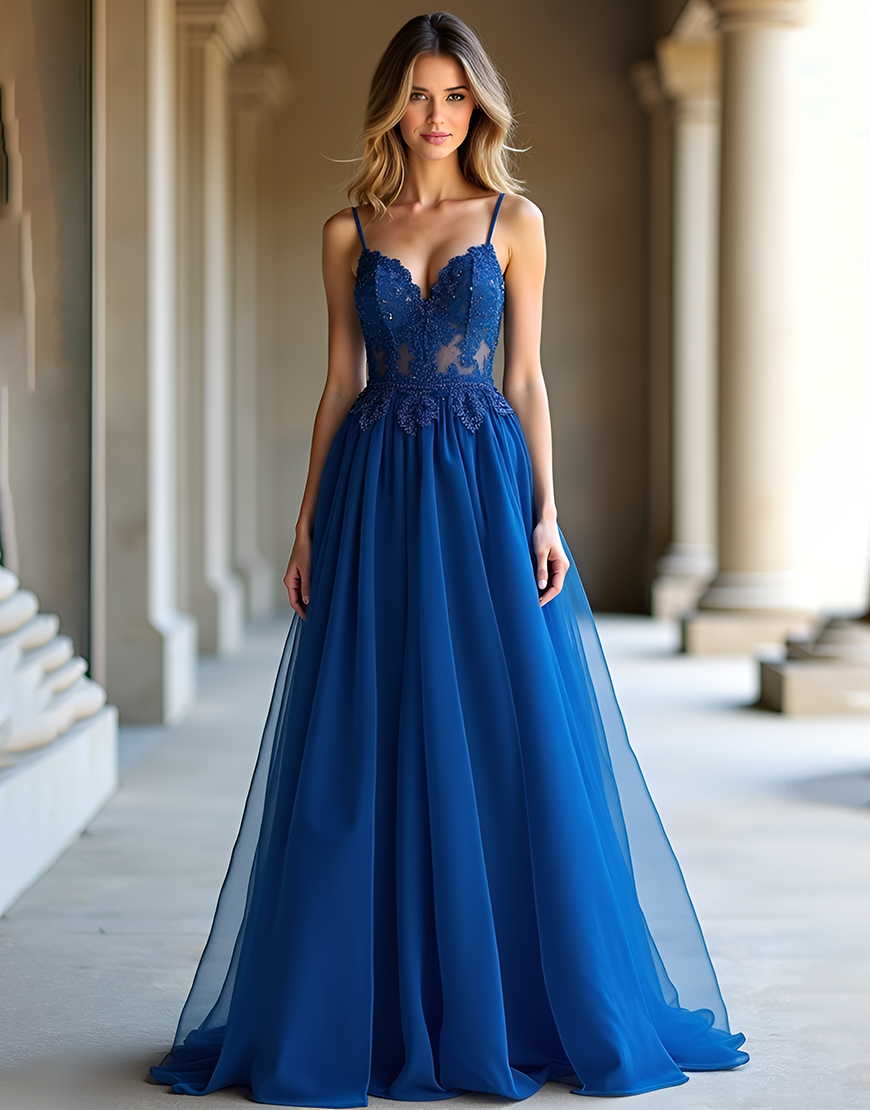Sparkly Dark Blue A-Line Spaghetti Straps Long Prom Dress With Lace Appliques