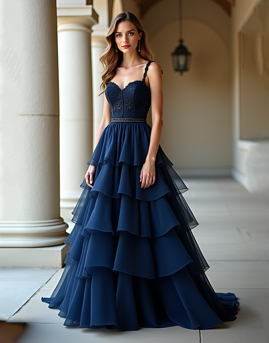 Sparkly Navy A-Line Spaghetti Straps Sequined Long Prom Dress With Ruffles