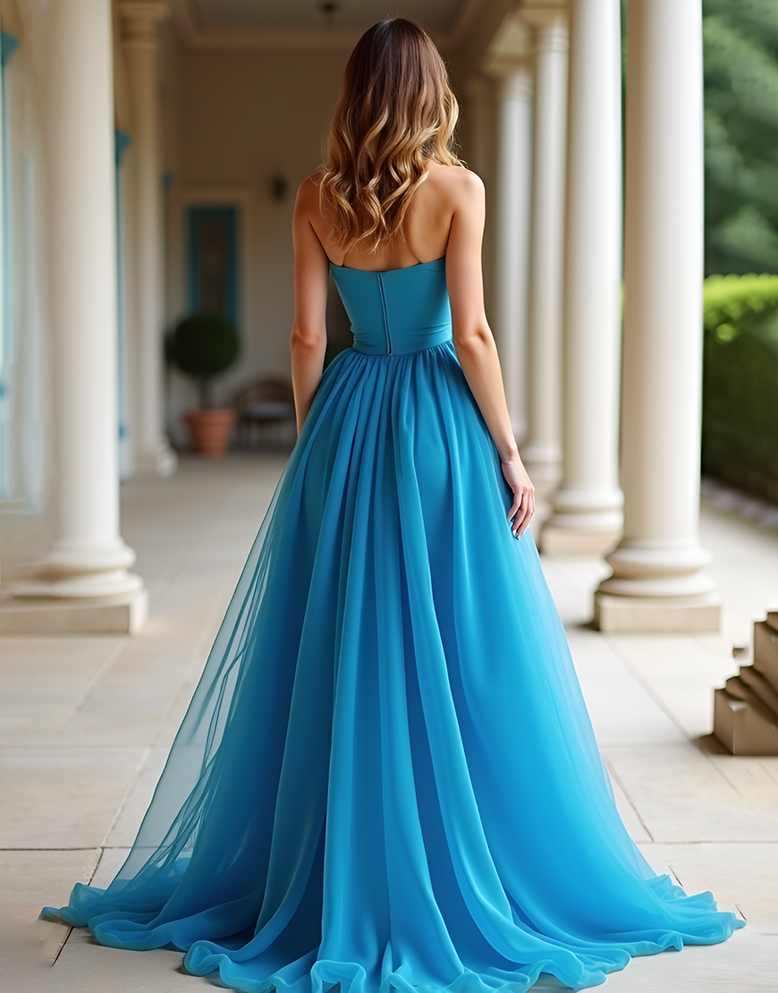 Blue A-Line Strapless Ruched Long Tulle Prom Dress With Slit