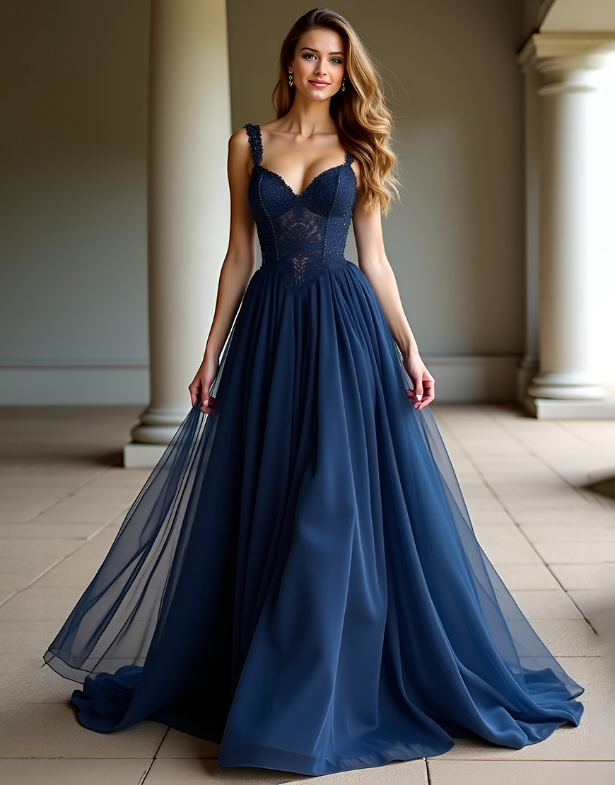 Sparkly Navy A-Line Spaghetti Straps Sequined Lace Long Prom Dress