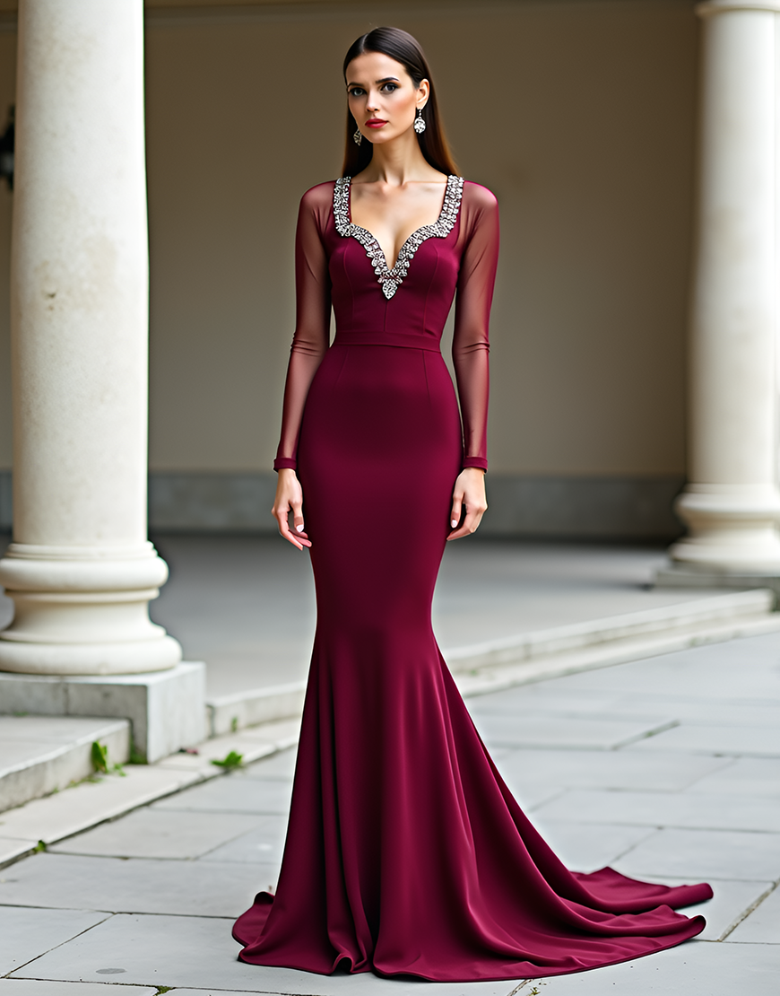 Sparkly Burgundy Sheath V Neck Long Sleeve Long Prom Dress With Rhinestone