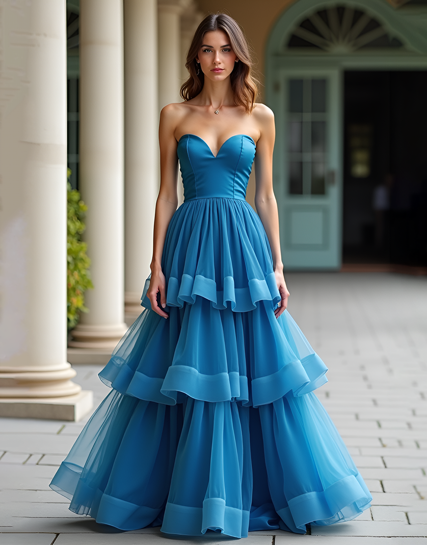 Blue A-Line Sweetheart Tulle Long Prom Dress With Ruffles