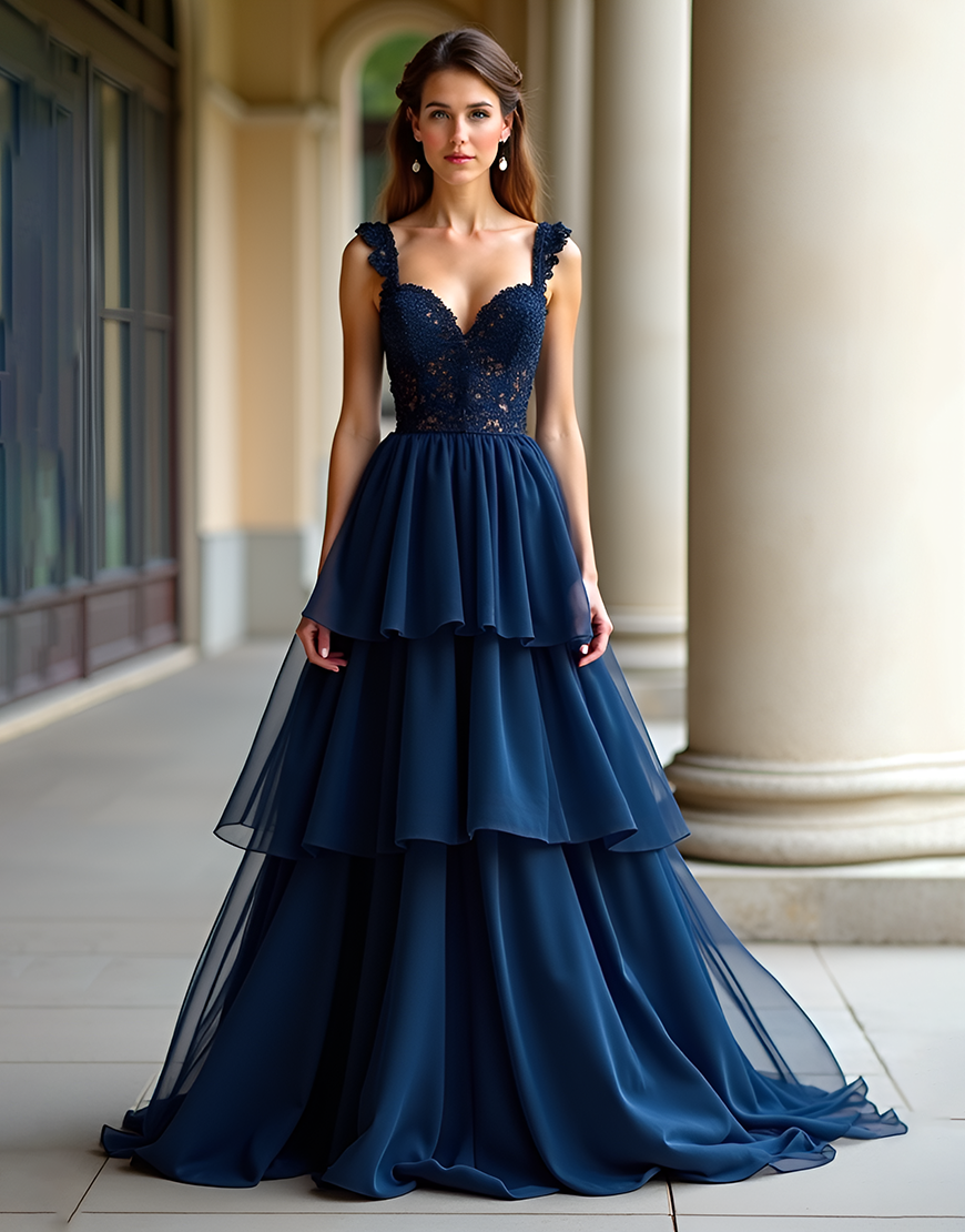 Navy A-Line Straps Tulle Long Prom Dress With Lace Appliques