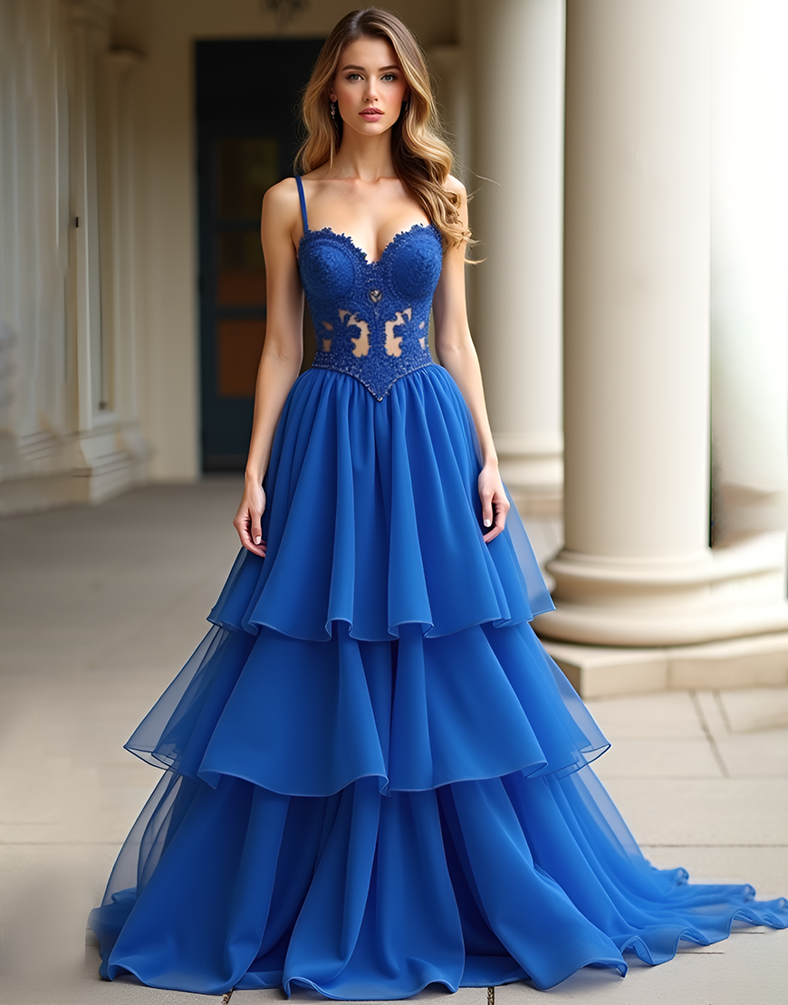 Sparkly Royal Blue A-Line Spaghetti Straps Sequined Long Prom Dress With Ruffles