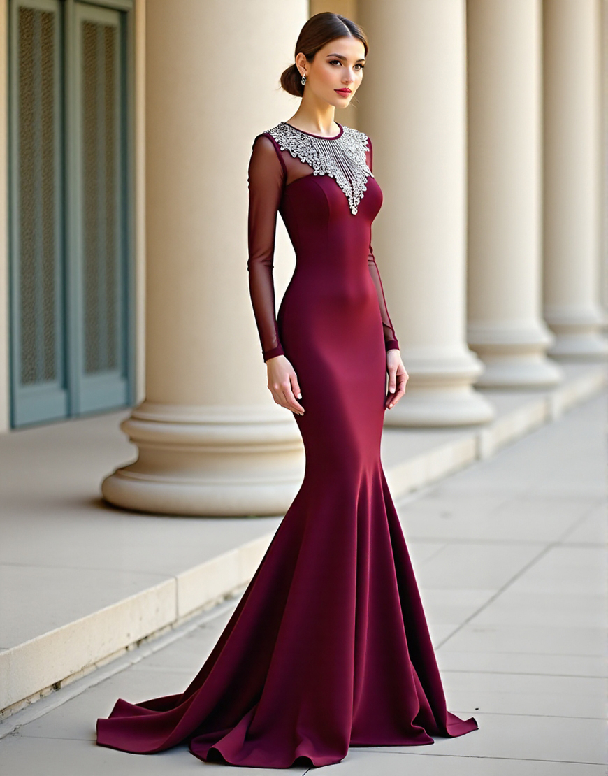 Sparkly Burgundy Sheath Scoop Long Sleeve Long Prom Dress With Beading